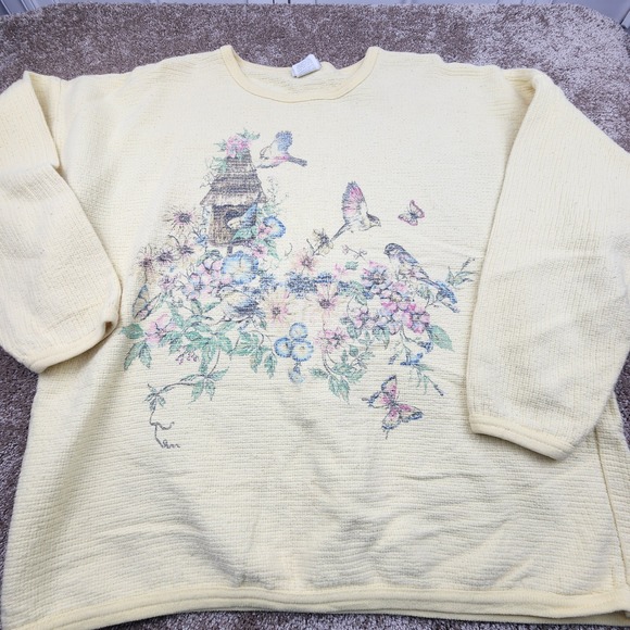 Basic Editions Vintage Floral Birdhouse Birds Butterfly Sweatshirt - Picture 1 of 7